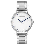 Caravelle by Bulova 43A150 men's watch with stainless steel case, white dial, and metallic blue hands and hour markers—front view.