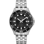 Caravelle by Bulova 43B162 men's watch featuring a matte black dial with luminous indexes and hands, encircled by a unidirectional rotating bezel, paired with a stainless steel bracelet—front view.