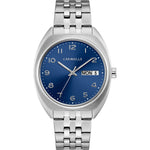 Caravelle by Bulova 43C120 watch featuring a 40mm stainless steel case, dark blue dial with day and date displays, and a stainless steel bracelet—front view.