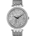Caravelle by Bulova 43L206 women's watch featuring a silver-tone dial adorned with crystals, encased in a 38mm stainless steel case, paired with a matching stainless steel bracelet.