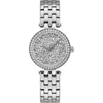 Caravelle by Bulova 43L210 women's watch featuring a silver dial adorned with 380 Austrian crystals, encased in a stainless steel case, paired with a matching stainless steel bracelet.