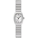 Caravelle by Bulova 43L218 women's watch showcasing a silver-tone dial with bold Arabic numerals and a stainless steel expansion bracelet.