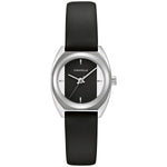 Caravelle by Bulova 43L220 women's watch featuring a black dial with silver-tone hands and index markers, encased in a 26mm stainless steel case, paired with a black leather strap.