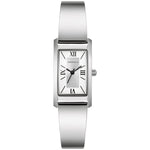 Caravelle by Bulova 43L221 women's watch showcasing a silver-white dial within an 18mm x 33mm rectangular stainless steel case, paired with a high-polish stainless steel bangle bracelet—front view.