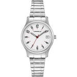Caravelle by Bulova 43M119 women's watch showcasing a white dial with Arabic numerals, 24-hour format, and date display, complemented by a stainless steel expansion bracelet.