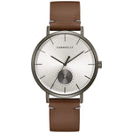 aravelle by Bulova 44A120 men's watch featuring a silver-colored dial with index markings and a 24-hour sub-dial at six o'clock, encased in a 39.5mm grey steel case, paired with a brown leather strap.