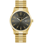 Caravelle by Bulova 44B126 men's watch featuring a gray dial with gold-tone markers and hands, encased in a 40mm gold-tone stainless steel case, paired with a gold-tone stainless steel expansion bracelet.