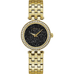 Caravelle by Bulova 44L243 women's watch featuring a black dial adorned with 380 black crystals, encased in a 28.5mm gold-tone stainless steel case—front view.