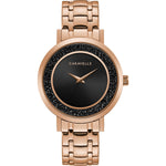 Caravelle by Bulova 44L252 women's watch featuring a black dial with rose gold-tone accents, encircled by jet black rock crystals, and complemented by a rose gold-tone stainless steel bracelet—front view