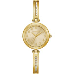 Caravelle by Bulova 44X100 women's watch with a gold-tone stainless steel case, champagne dial, metallic blue hands, and crystal hour markers—front view.