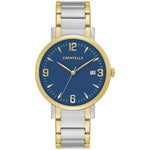 Caravelle by Bulova 45A149 men's watch featuring a blue dial with gold-tone hands and hour markers, encased in a 39mm two-tone stainless steel case, paired with a matching two-tone stainless steel bracelet.