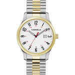 Caravelle by Bulova 45B147 men's watch featuring a matte white dial with bold 24-hour numerals and date feature, encased in a 40mm two-tone stainless steel case, paired with a matching expansion bracelet.