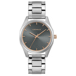 Caravelle by Bulova 45L178 women's watch featuring a gray sunray dial with rose gold-tone hands and dial ring, encased in stainless steel—front view.