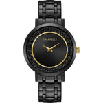 Caravelle by Bulova 45L181 women's watch featuring a black sunray dial encircled by jet black rock crystals, housed in a 36mm black ion-plated stainless steel case—front view
