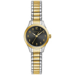 Caravelle by Bulova 45L185 women's watch showcasing a black dial with gold-tone Arabic numerals and luminous hands, complemented by a two-tone stainless steel expansion bracelet.