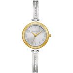 Caravelle by Bulova 45X101 women's watch with a two-tone stainless steel case, silver-white dial, and gold-tone accents—front view.