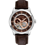 Bulova Classic 96A120 men's watch featuring a brown patterned dial with rose-gold accents and a brown leather strap—front view.