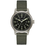 Bulova Hack Automatic Military Watch 96A259 with a black dial, luminescent markers, and black NATO leather strap – front view.