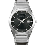Bulova Classic 96B149 men's stainless steel watch with a patterned black dial and silver-tone indices—front view.