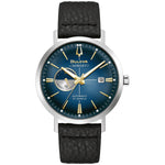 Bulova 96B374 Aerojet Automatic watch featuring a 41mm stainless steel case, gradient blue dial with gold-tone accents, and a black leather strap—front view.