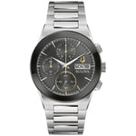 Bulova 96C149 men's watch featuring a 41mm silver-tone stainless steel case, black dial with gold-tone accents, and a stainless steel bracelet—front view.