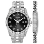 Front view of Bulova 96K105 men's watch with black dial and crystal accents, accompanied by a matching stainless steel bracelet.