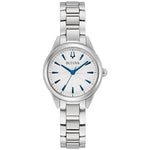 Bulova 96L285 women's watch featuring a 28mm stainless steel case, silver-white dial with blue hands and markers, and a stainless steel bracelet—front view.