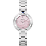 Bulova Rubaiyat 96L338 Women's Watch featuring a 30mm silver-tone stainless steel case with pink mother-of-pearl dial—front view.