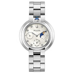 Bulova 96P213 Rubaiyat women's watch featuring a stainless steel case with diamond accents and a white mother-of-pearl dial.