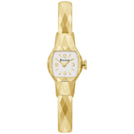 Bulova American Girl 'K' 97L170 women's watch featuring a faceted gold-tone stainless steel case, white dial, and matching faceted bangle bracelet—front view.