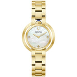 Bulova Rubaiyat 97L181 Women's Watch featuring a 30.5mm gold-tone stainless steel case with white mother-of-pearl dial—front view.