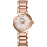 Bulova 97P132 women's watch featuring a rose gold-tone stainless steel case with a rose gold mother-of-pearl dial and diamond hour markers.