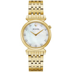Bulova 97P149 women's watch featuring a 30mm gold-tone stainless steel case, white mother-of-pearl dial with diamond hour markers, and a gold-tone stainless steel bracelet—front view.