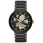 Bulova 98A203 men's black ion-plated stainless steel watch with open aperture black dial and gold-tone accents—front view.