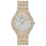 Bulova Phantom 98A229 men's watch featuring a two-tone gold and silver-tone stainless steel case with a crystal-embellished dial—front view.