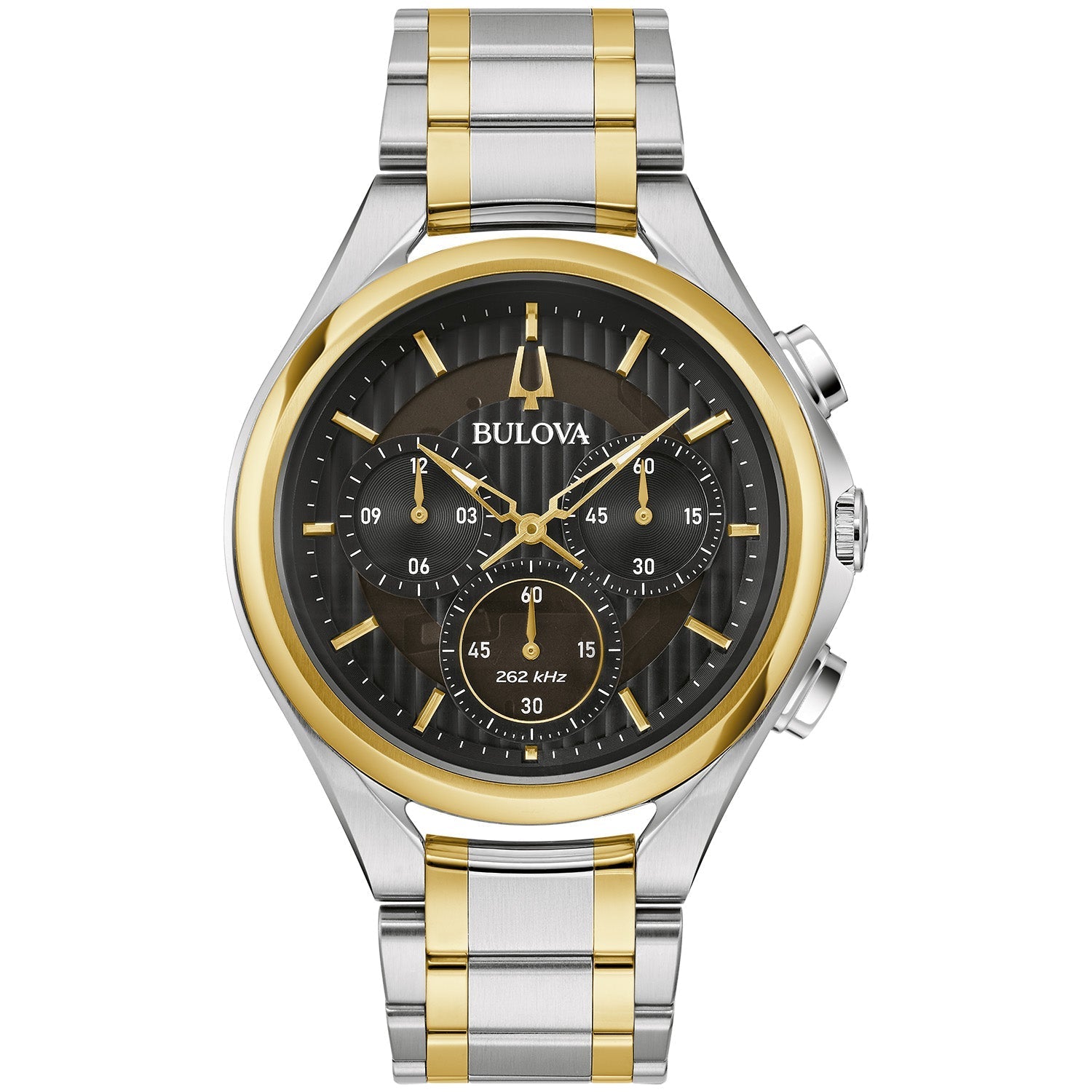 Bulova 98A301 CURV Chronograph watch featuring a two-tone stainless steel case and black dial with gold-tone accents—front view.