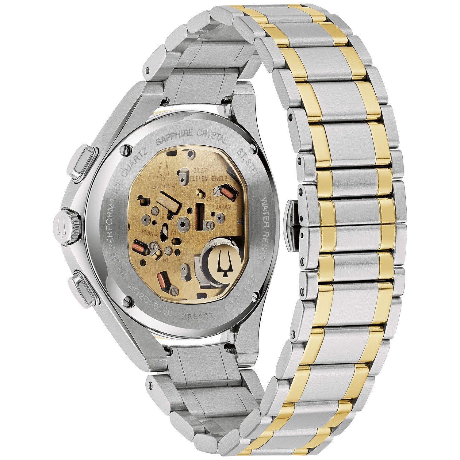 Back view of Bulova 98A301, highlighting the exhibition case back revealing the intricate movement.