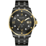 Bulova 98D176 Marine Star watch featuring a 44mm black ion-plated stainless steel case, black sunray dial with diamond accents, and a black stainless steel bracelet—front view.
