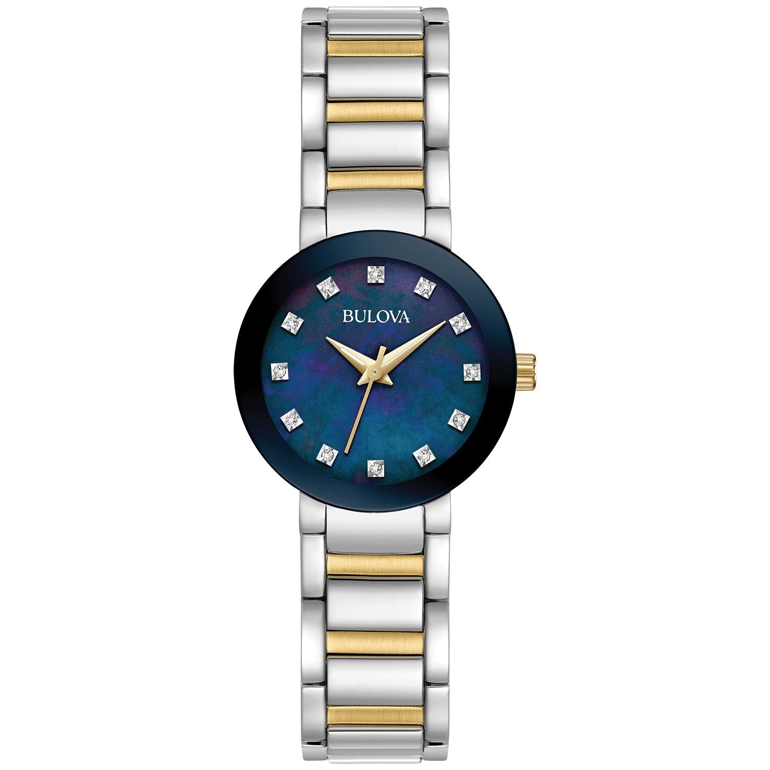 Bulova 98P157 women's watch featuring a two-tone stainless steel case with a blue mother-of-pearl dial and diamond hour markers—front view.