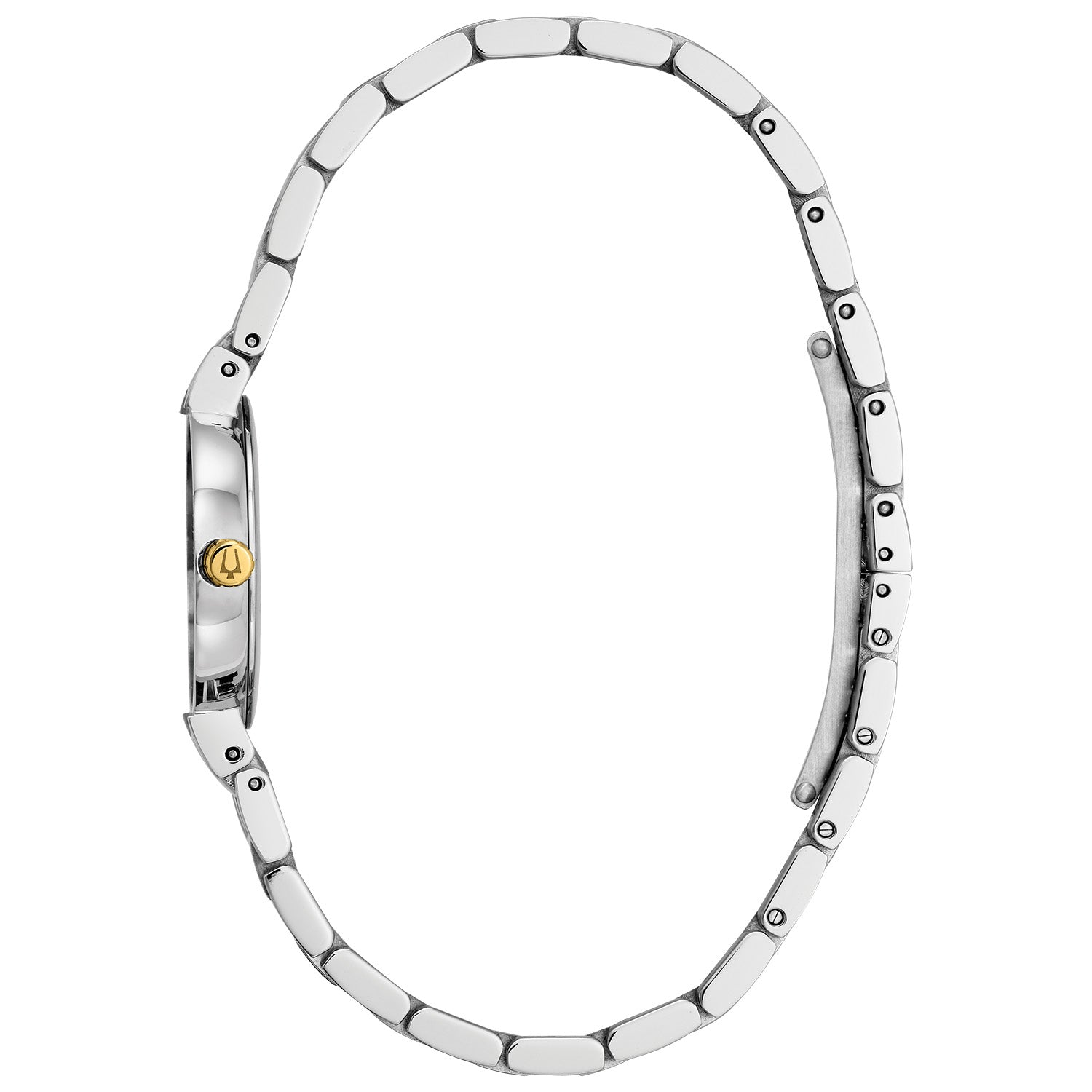 Profile view of the Bulova 98P157, highlighting the sleek two-tone case and bracelet design.