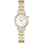 Bulova 98P202 women's watch featuring a 24mm two-tone stainless steel case, white mother-of-pearl dial with diamond hour markers, and a two-tone stainless steel bracelet—front view.