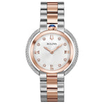 Bulova 98R247 Rubaiyat women's watch featuring a two-tone stainless steel case with diamond accents and a textured silver-white dial.