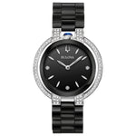Bulova 98R266 Rubaiyat women's watch featuring a black ceramic and stainless steel case with 73 diamond accents and a glossy black dial.
