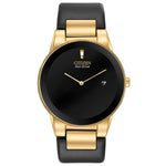 Citizen Axiom Eco-Drive AU1062-05E featuring a black dial with gold-tone hands and date display, gold-tone stainless steel case, and black leather strap—front view.