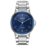 Citizen BJ6510-51L men's stainless steel watch featuring a dark blue dial with silver-tone hands and index hour markers—front view.