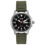 Citizen BM8180-03E men's stainless steel watch featuring a black dial with luminous hands and Arabic numerals, paired with a green nylon strap—front view.