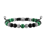 Bulova Classic Adjustable Beaded Bracelet BVB1072-NSTMALMA, showcasing 8mm malachite and matte black onyx beads interspersed with black lava and stainless steel beads, front view.