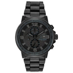 Citizen CA0295-58E men's black ion-plated stainless steel watch featuring a black dial with luminous hands and markers, tachymeter bezel, and chronograph sub-dials—front view