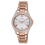 Citizen EM0233-51A Drive watch featuring a pink gold-tone stainless steel case adorned with 64 crystals, silver-tone dial with six crystal accents, and matching bracelet—front view.