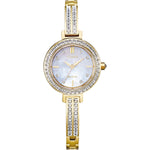 Citizen Silhouette Crystal EM0862-56D women's watch with a gold-tone stainless steel case, mother-of-pearl dial, and crystal hour markers—front view.